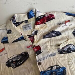 David Carey Originals Corvette Button Front Camp Shirt XL Beige Car Print